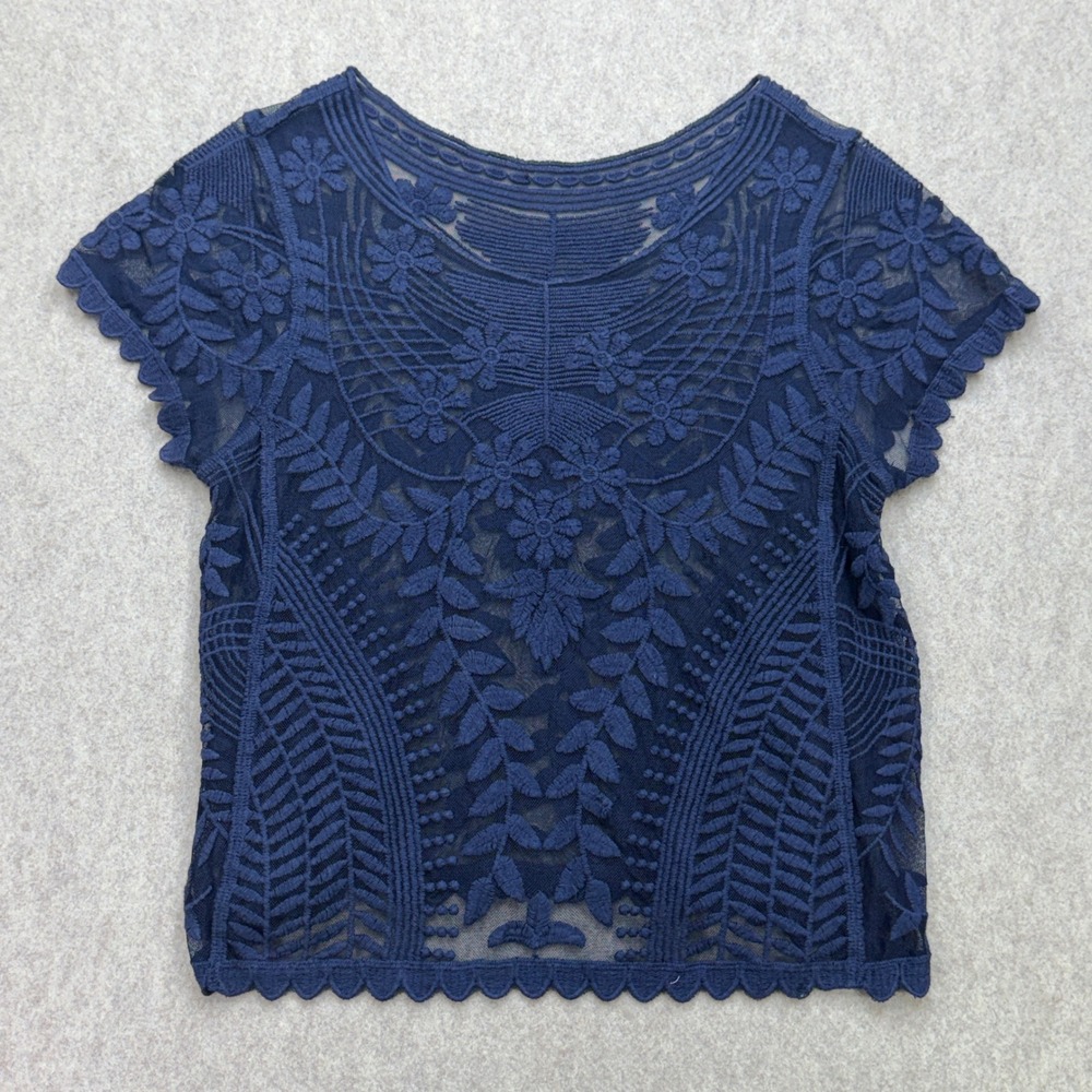Lace Crochet Top Womens S Short Sleeve Blue Boho Coquette Romantic Cottagecore